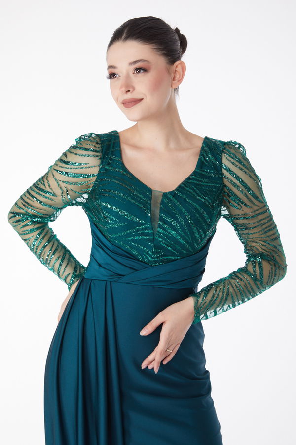 Düz Orta Kadın Yeşil Glitter Detaylı Abiye Elbise - 25224 YEŞİL