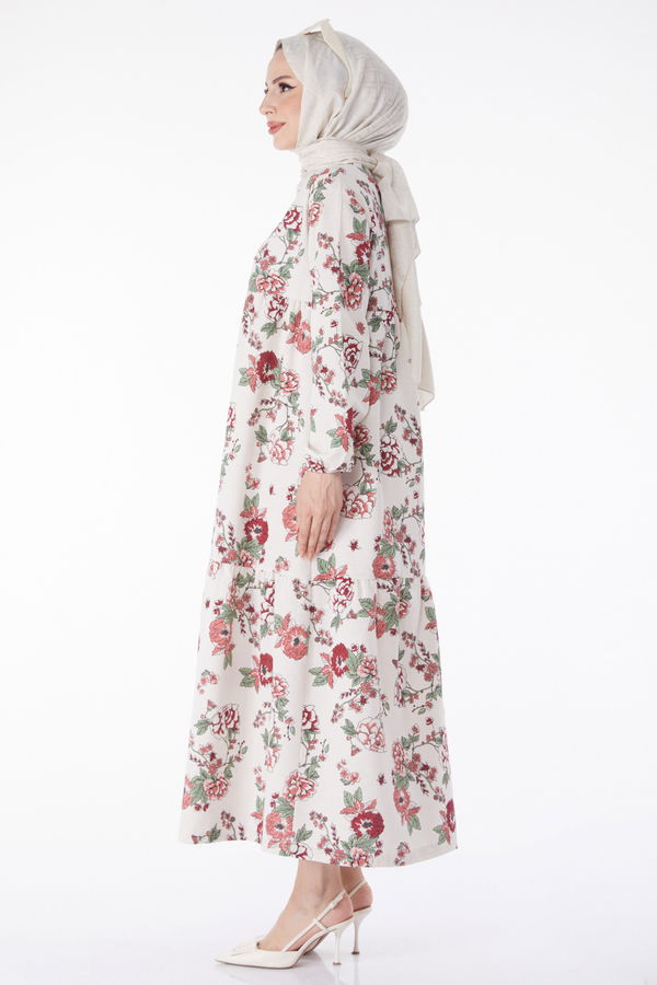 Düz Bisiklet Yaka Kadın Pembe Desenli Elbise - 13153 PEMBE