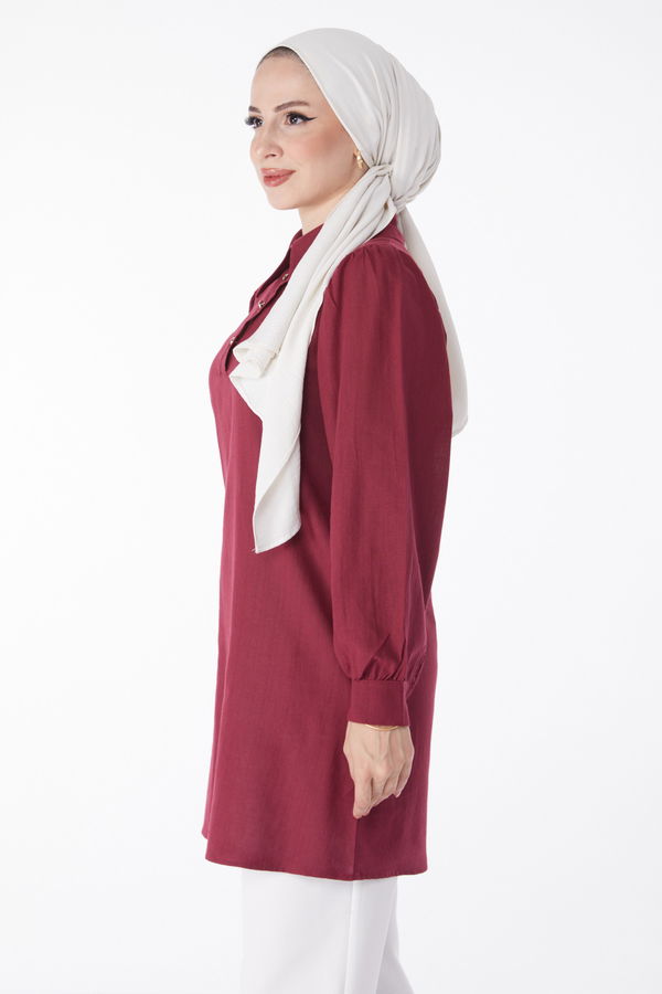Düz Gömlek Yaka Kadın Bordo Balon Kollu Tunik - 13166 BORDO