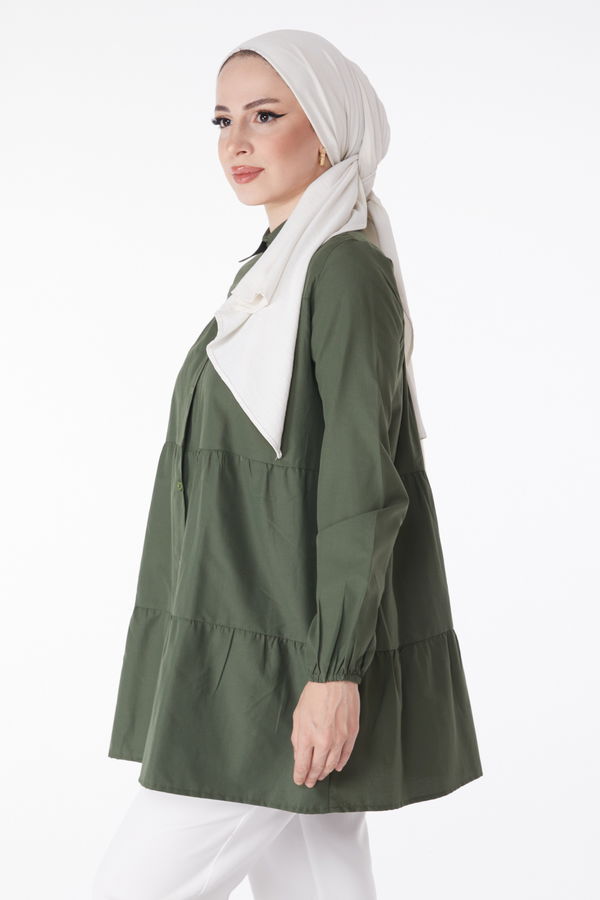 Düz Gömlek Yaka Kadın Haki Büzgülü Tunik - 13177 HAKİ