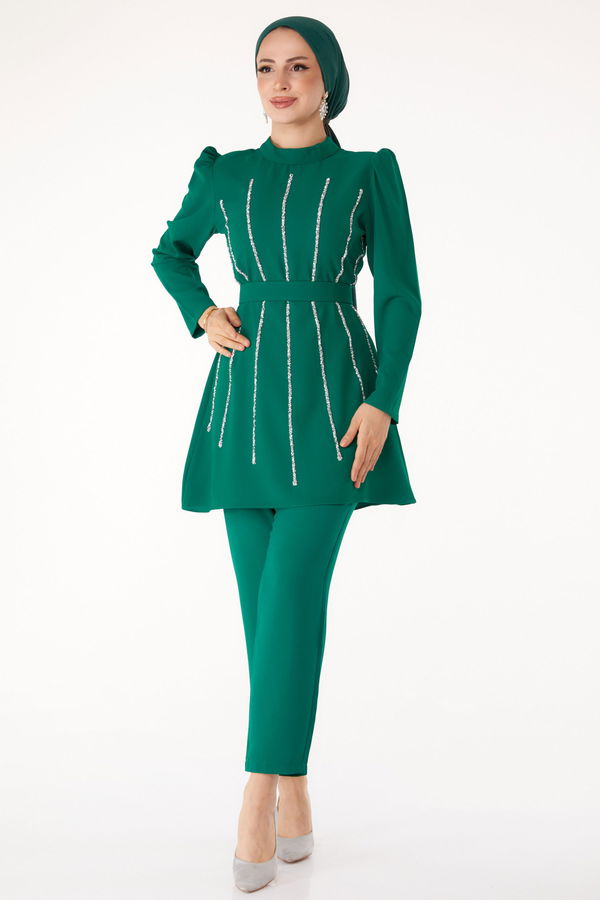 Düz Hakim Yaka Kadın Yeşil Taşlı Tunik+Pantalon - 25283 YEŞİL