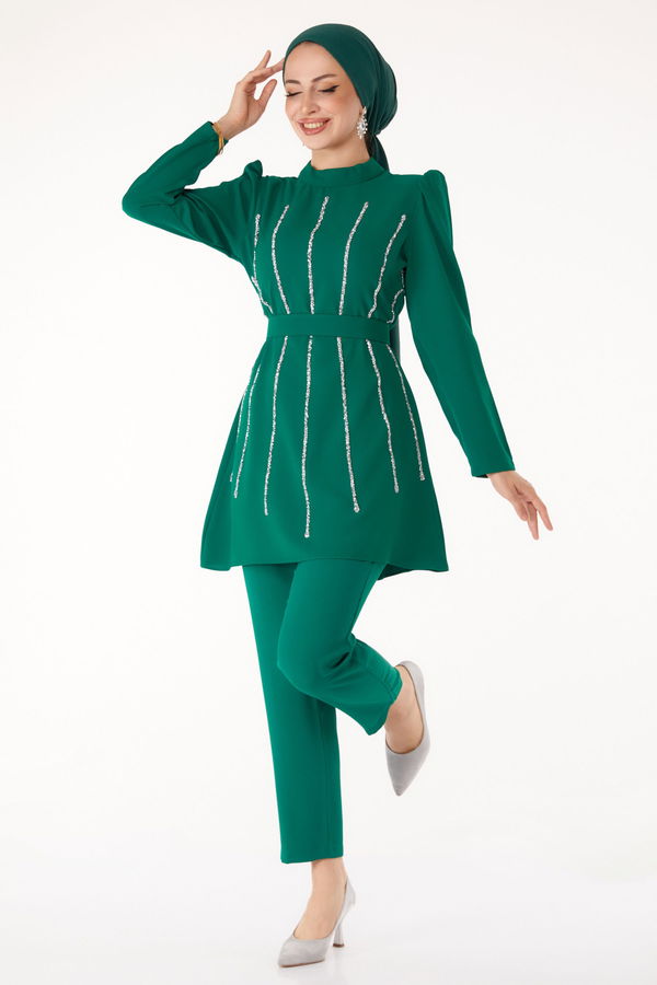 Düz Hakim Yaka Kadın Yeşil Taşlı Tunik+Pantalon - 25283 YEŞİL