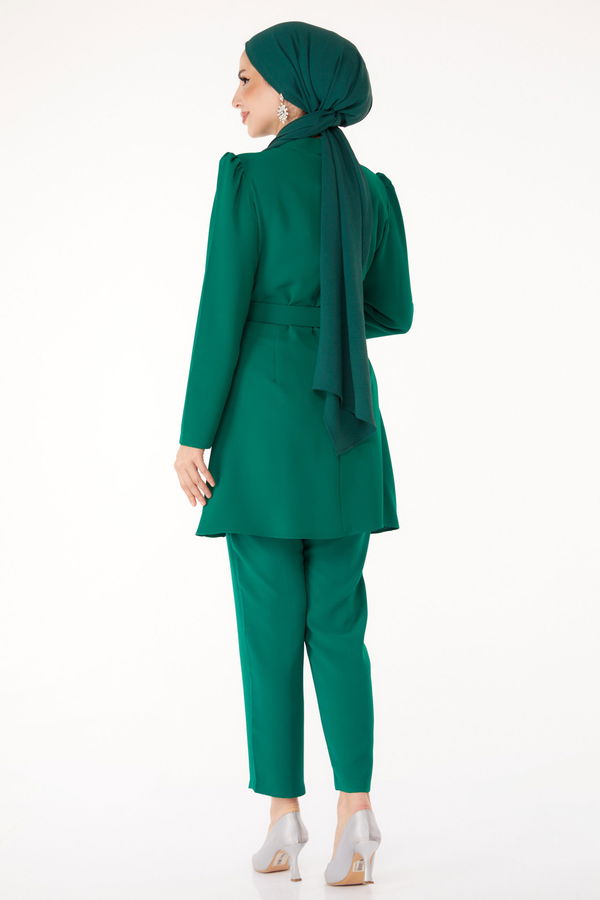 Düz Hakim Yaka Kadın Yeşil Taşlı Tunik+Pantalon - 25283 YEŞİL