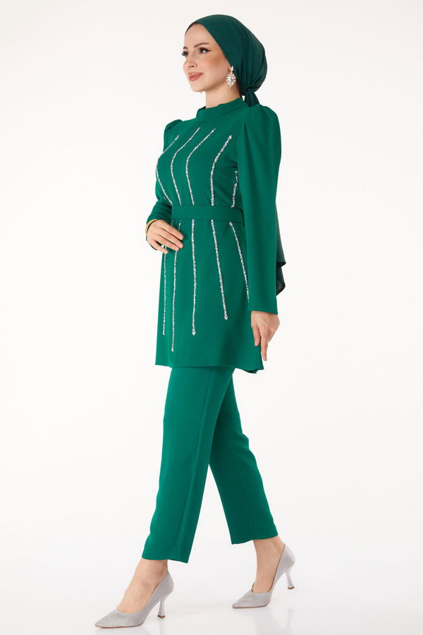 Düz Hakim Yaka Kadın Yeşil Taşlı Tunik+Pantalon - 25283 YEŞİL