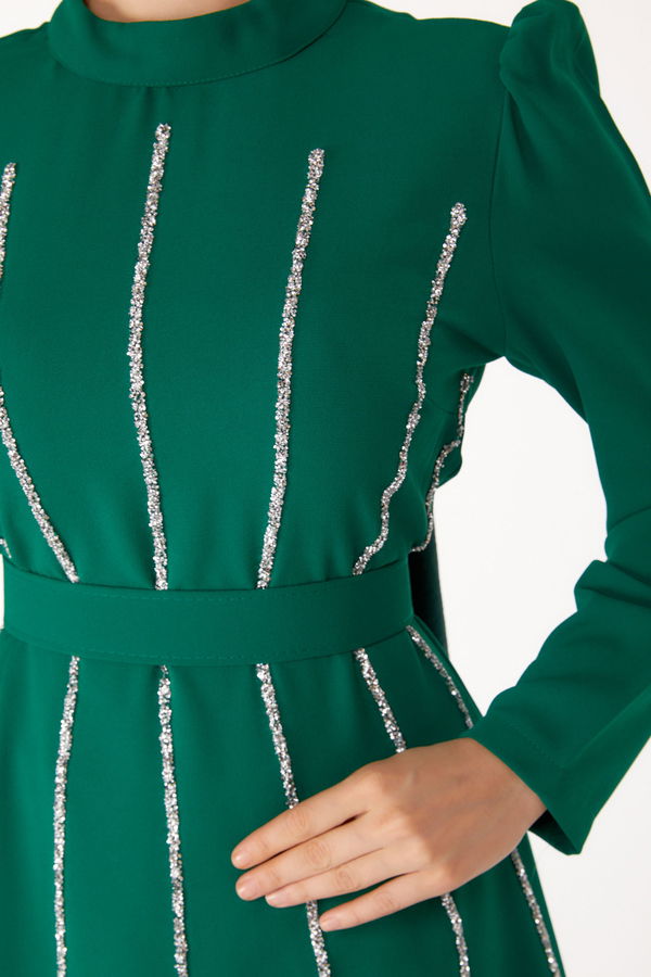 Düz Hakim Yaka Kadın Yeşil Taşlı Tunik+Pantalon - 25283 YEŞİL