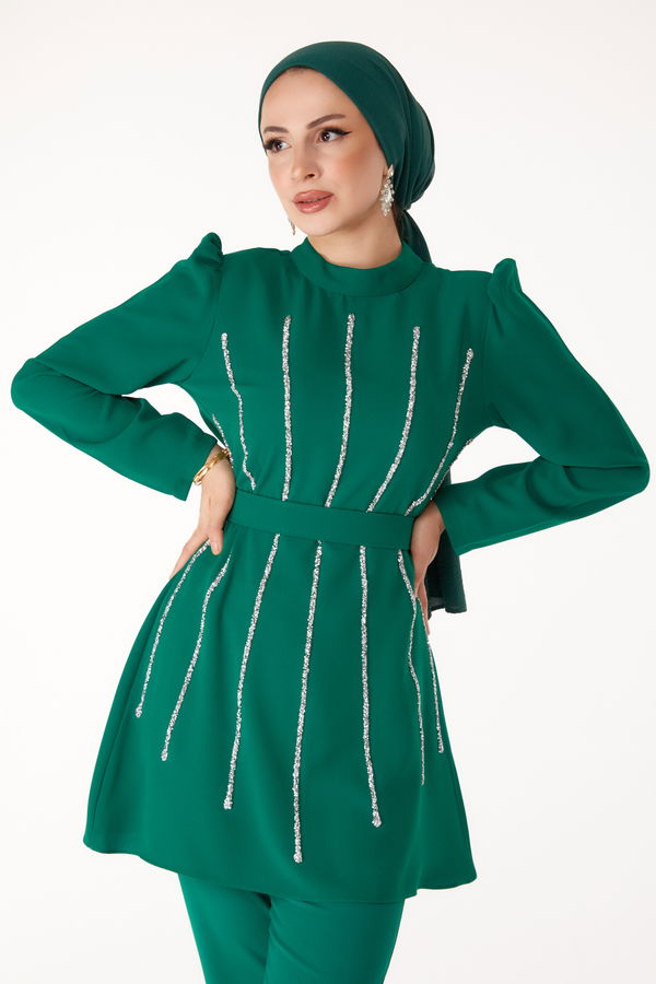 Düz Hakim Yaka Kadın Yeşil Taşlı Tunik+Pantalon - 25283 YEŞİL