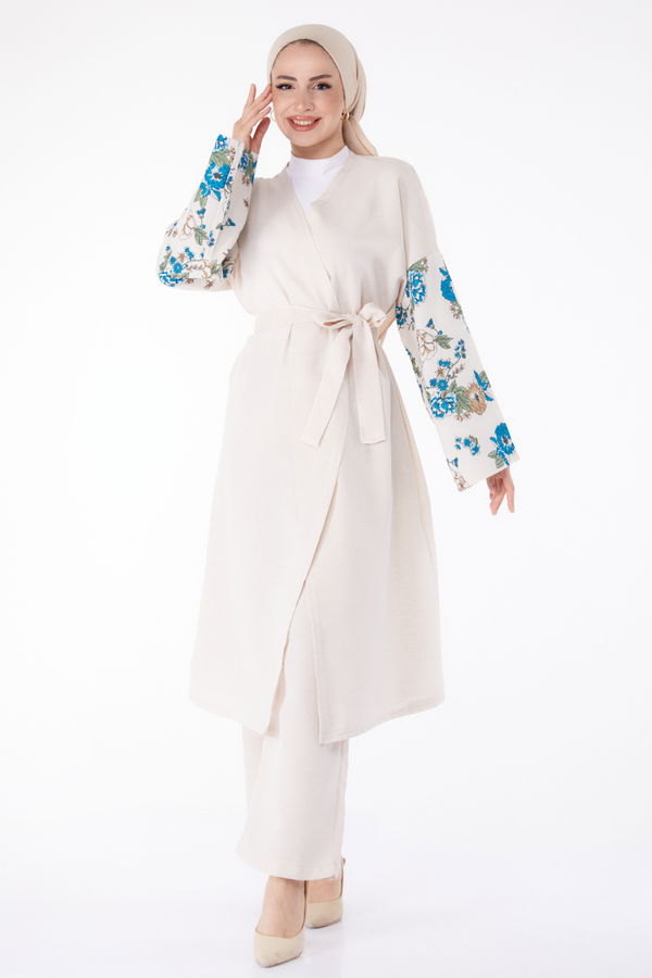 Düz Ceket Yaka Kadın Mavi Kimono Pantolon İkili Takım - 13192 MAVİ