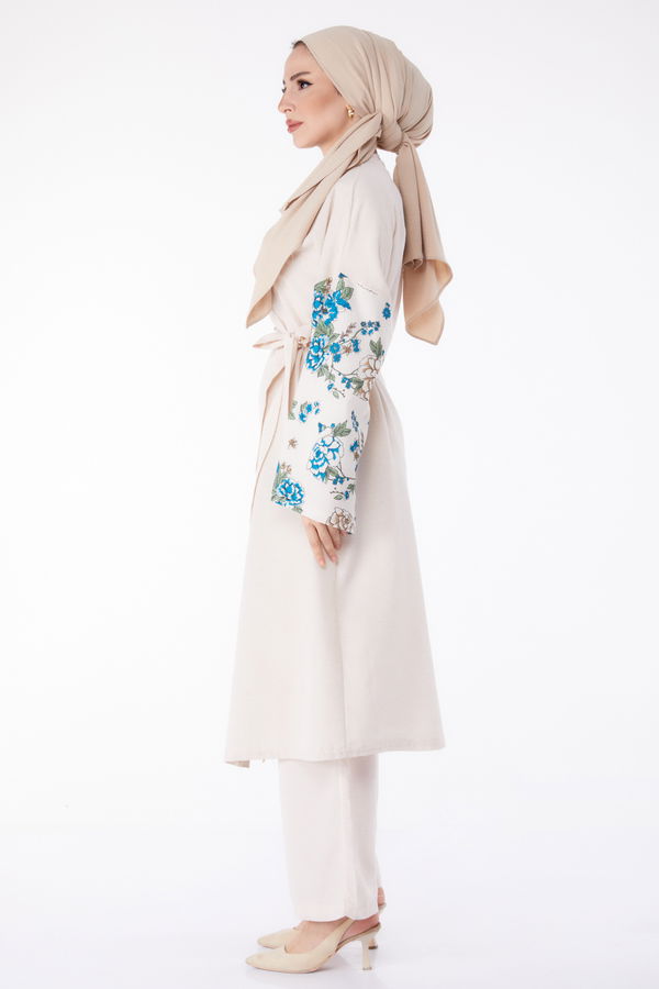 Düz Ceket Yaka Kadın Mavi Kimono Pantolon İkili Takım - 13192 MAVİ