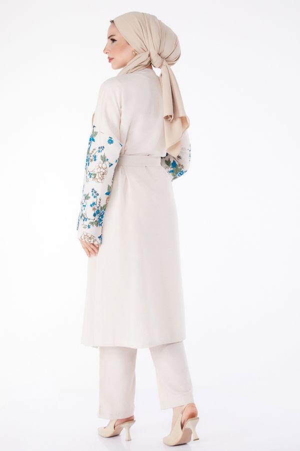 Düz Ceket Yaka Kadın Mavi Kimono Pantolon İkili Takım - 13192 MAVİ