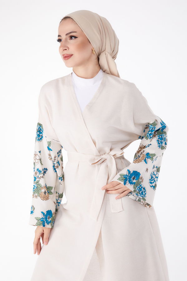 Düz Ceket Yaka Kadın Mavi Kimono Pantolon İkili Takım - 13192 MAVİ