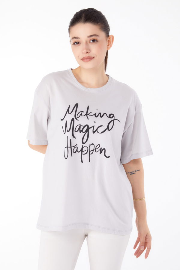 Düz Bisiklet Yaka Kadın Bej Baskılı T-shirt - 25173