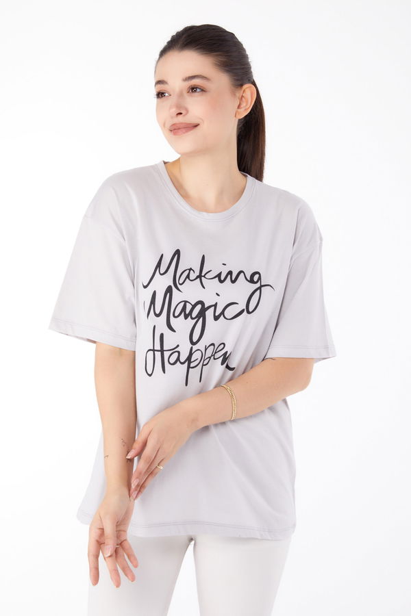 Düz Bisiklet Yaka Kadın Bej Baskılı T-shirt - 25173