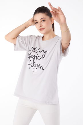 Düz Bisiklet Yaka Kadın Bej Baskılı T-shirt - 25173