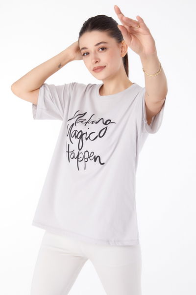 Düz Bisiklet Yaka Kadın Bej Baskılı T-shirt - 25173