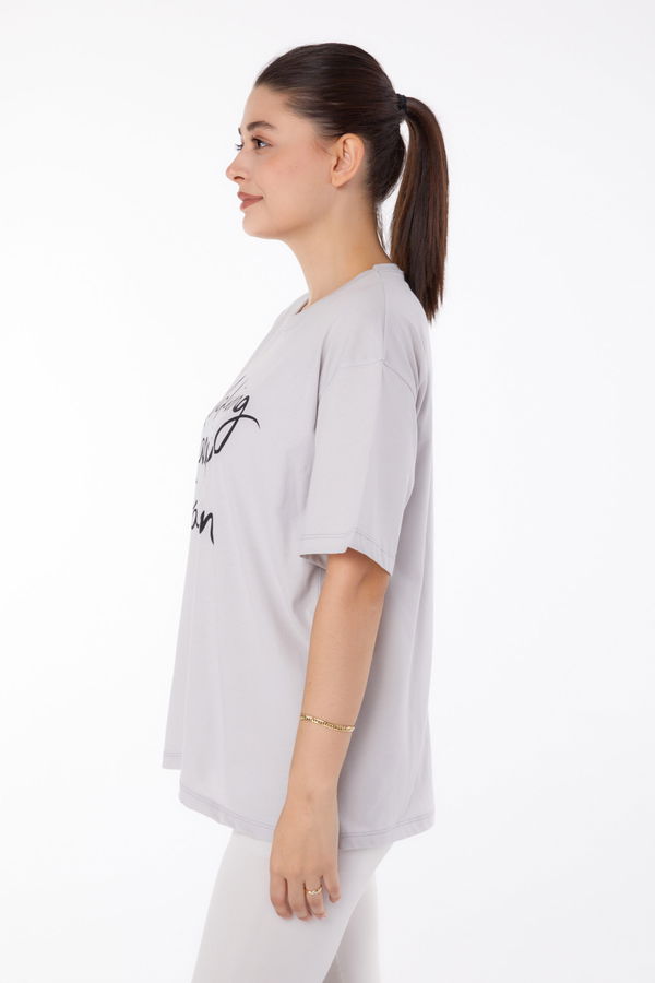 Düz Bisiklet Yaka Kadın Bej Baskılı T-shirt - 25173