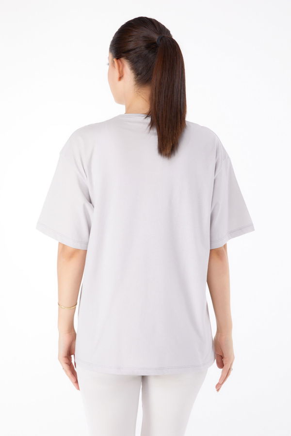 Düz Bisiklet Yaka Kadın Bej Baskılı T-shirt - 25173