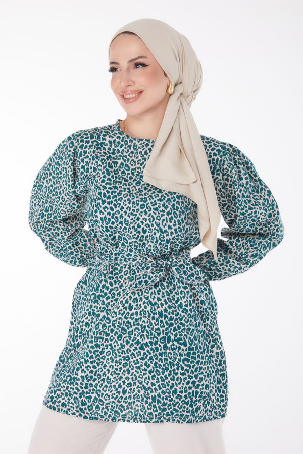 Düz Bisiklet Yaka Kadın Yeşil Tunik Pantolon İklli Takım - 13215 YEŞİL