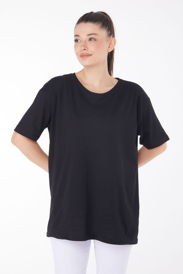 Düz Bisiklet Yaka Kadın Siyah Kısa Kollu T-Shirt - 25398 SİYAH