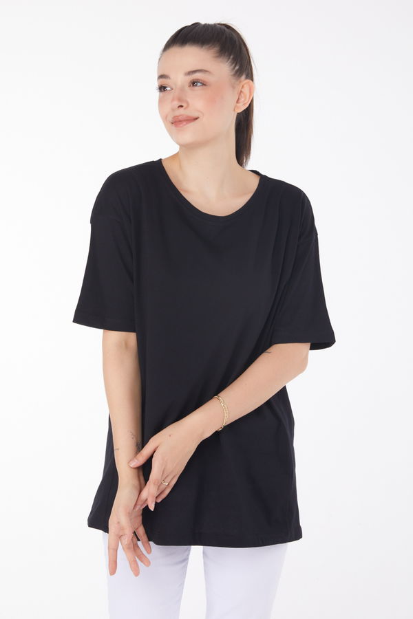 Düz Bisiklet Yaka Kadın Siyah Kısa Kollu T-Shirt - 25398 SİYAH
