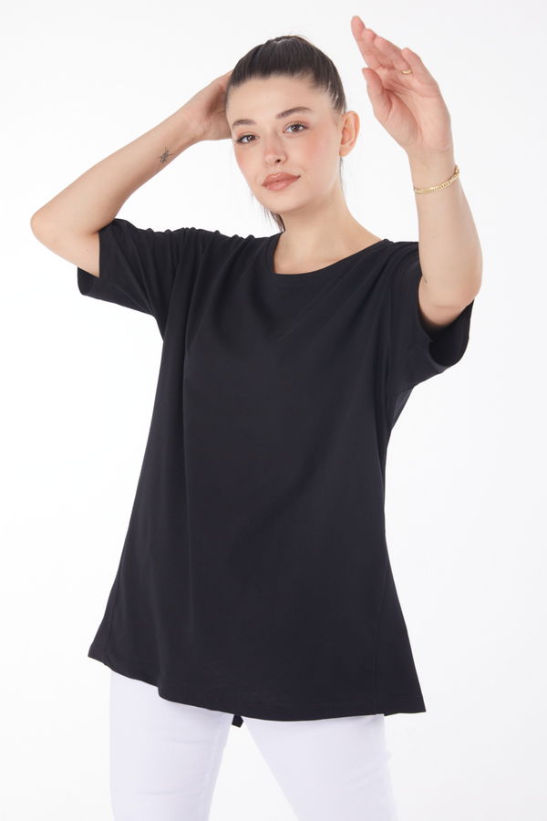 Düz Bisiklet Yaka Kadın Siyah Kısa Kollu T-Shirt - 25398 SİYAH