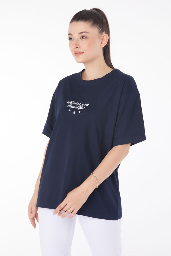 Düz Bisiklet Yaka Kadın Lacivert Baskılı Kısa Kollu T-Shirt  - 25393 LACİVERT