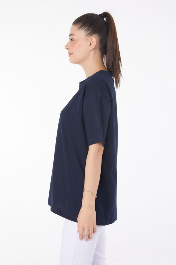 Düz Bisiklet Yaka Kadın Lacivert Baskılı Kısa Kollu T-Shirt  - 25393 LACİVERT