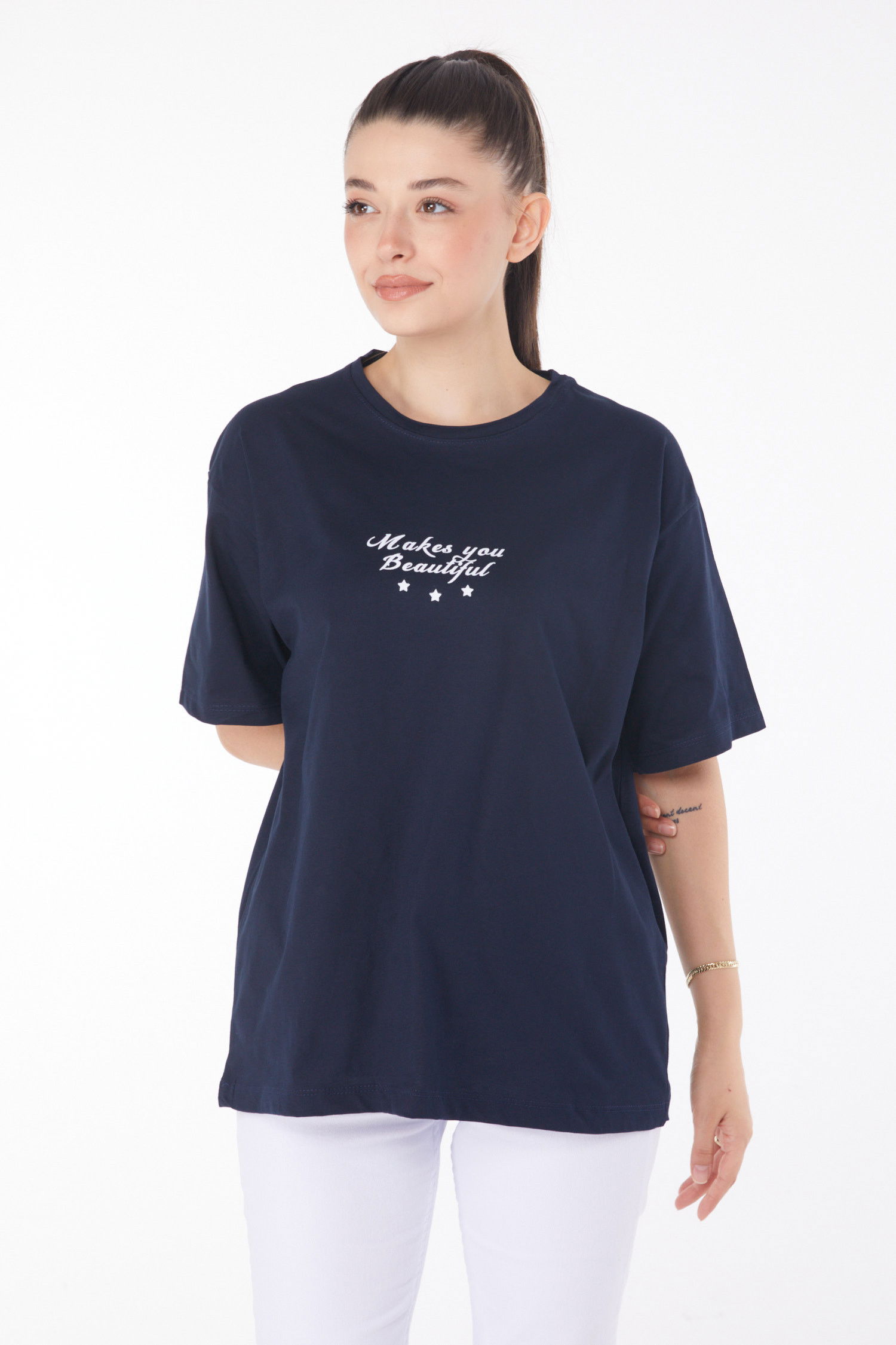 Düz Bisiklet Yaka Kadın Lacivert Baskılı Kısa Kollu T-Shirt  - 25393 LACİVERT