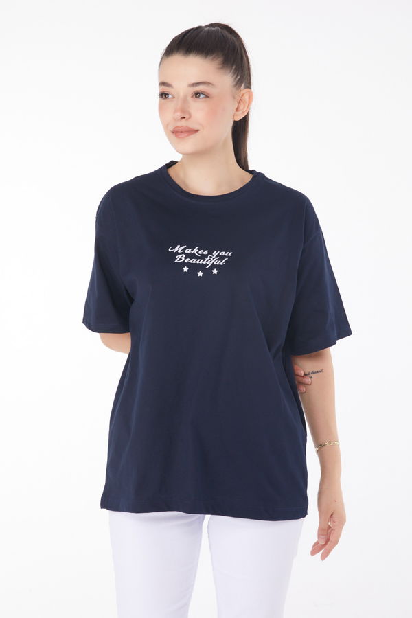 Düz Bisiklet Yaka Kadın Lacivert Baskılı Kısa Kollu T-Shirt  - 25393 LACİVERT