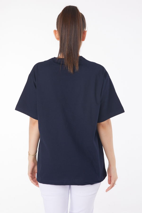 Düz Bisiklet Yaka Kadın Lacivert Baskılı Kısa Kollu T-Shirt  - 25393 LACİVERT