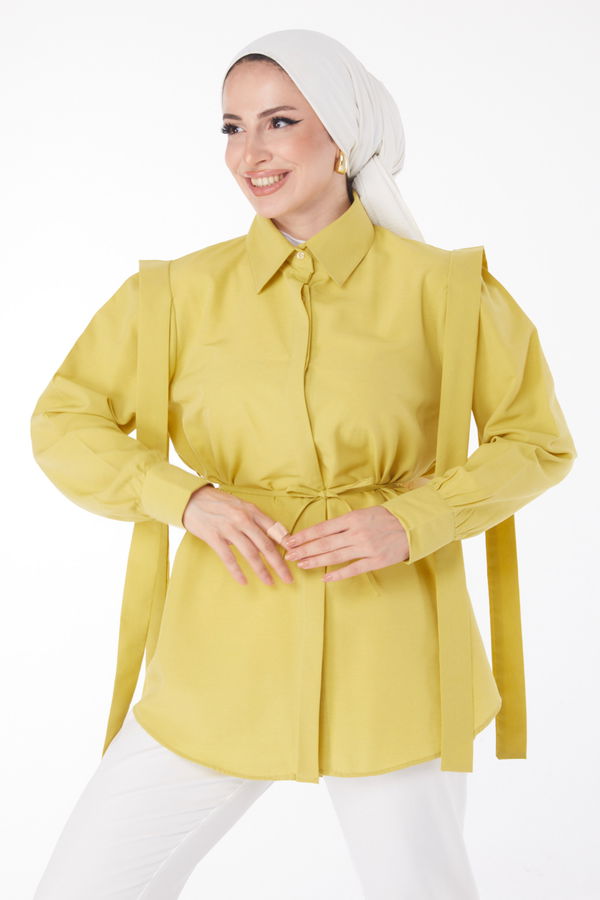 Düz Gömlek Yaka Kadın Yeşil Bağcıklı Tunik - 25552 YEŞİL