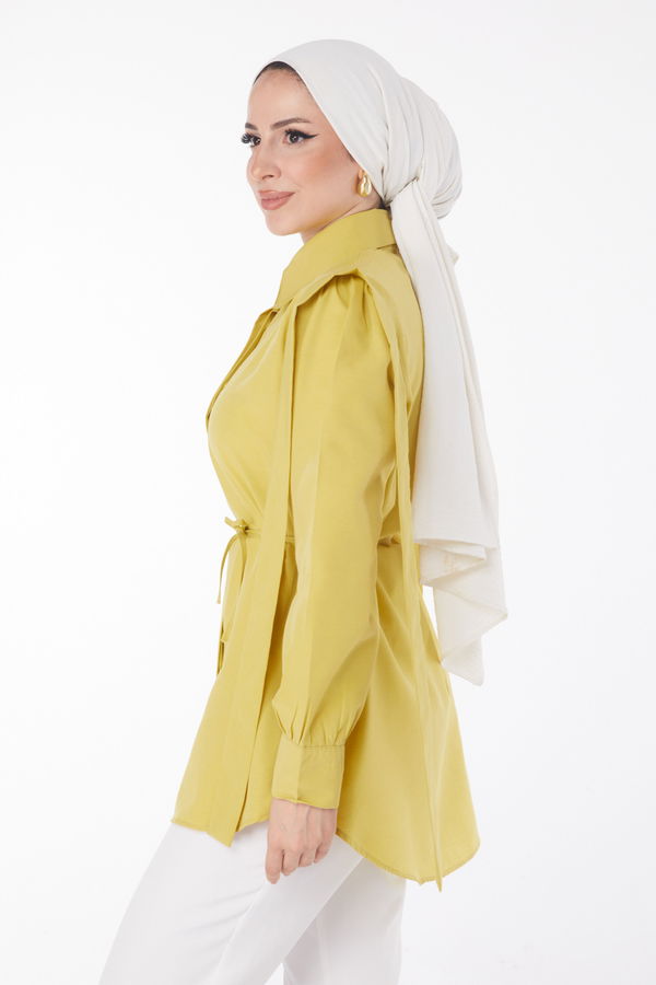 Düz Gömlek Yaka Kadın Yeşil Bağcıklı Tunik - 25552 YEŞİL