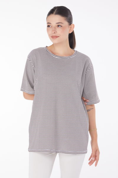 Düz Bisiklet Yaka Kadın Kahverengi Çizglİi T-short - 25119