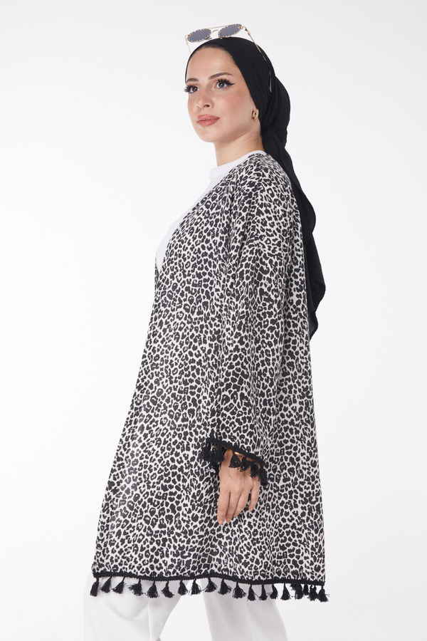Düz Orta Kadın Siyah Püsküllü Kimono - 13213 SİYAH