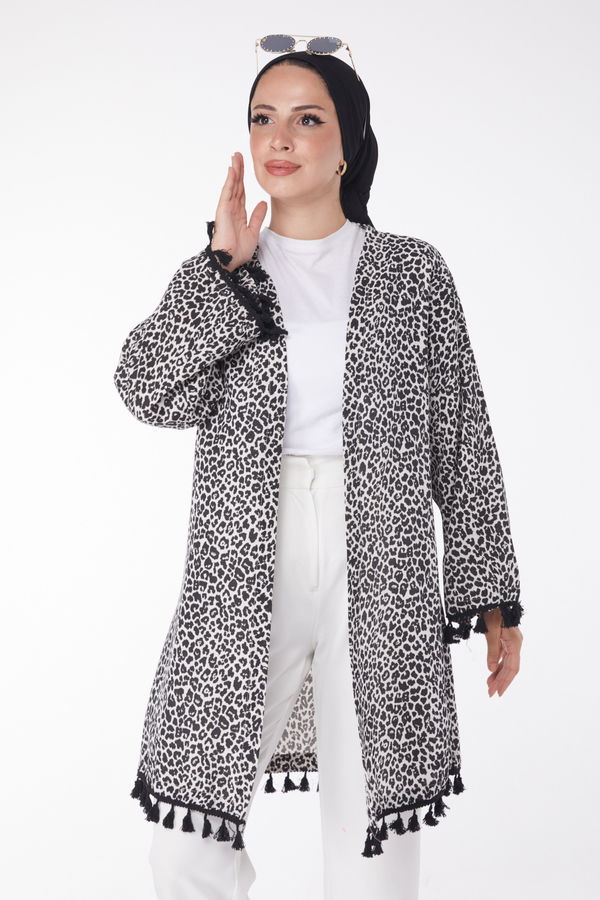 Düz Orta Kadın Siyah Püsküllü Kimono - 13213 SİYAH
