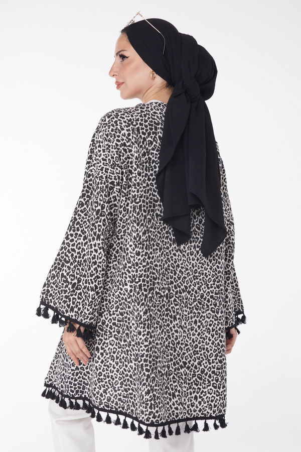 Düz Orta Kadın Siyah Püsküllü Kimono - 13213 SİYAH