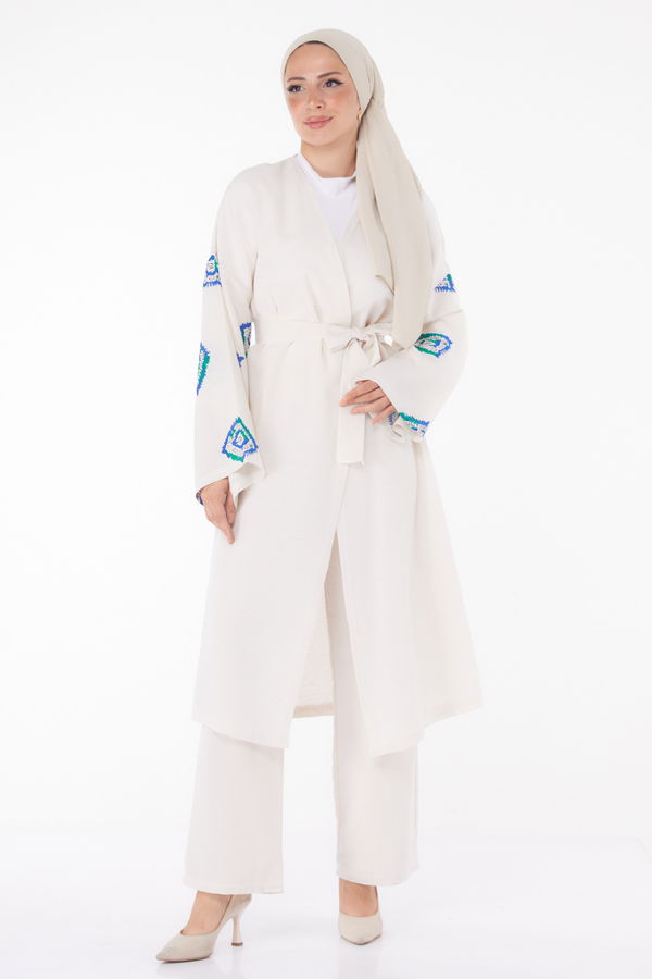 Düz Ceket Yaka Kadın Mavi Kimono Pantolon İkili Takım - 13193 MAVİ