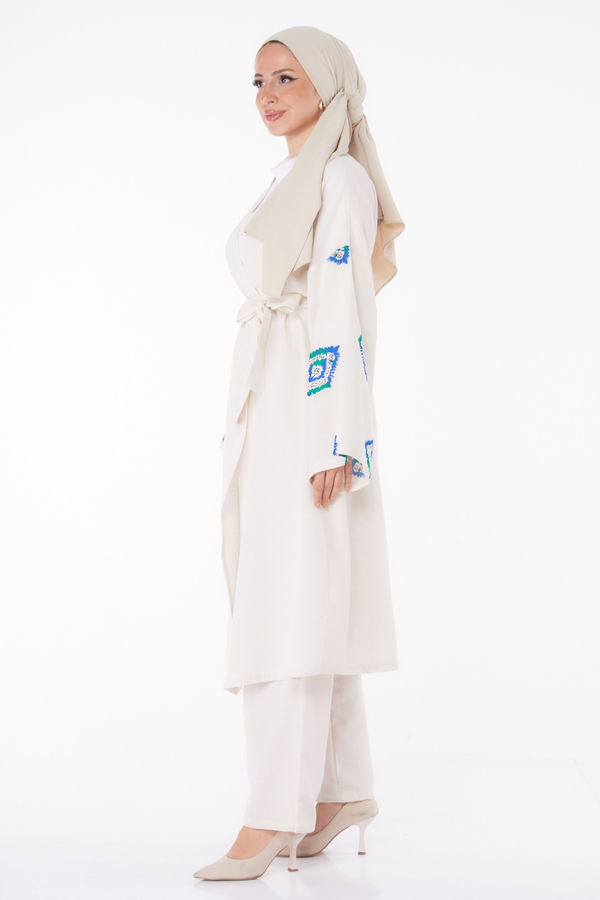 Düz Ceket Yaka Kadın Mavi Kimono Pantolon İkili Takım - 13193 MAVİ