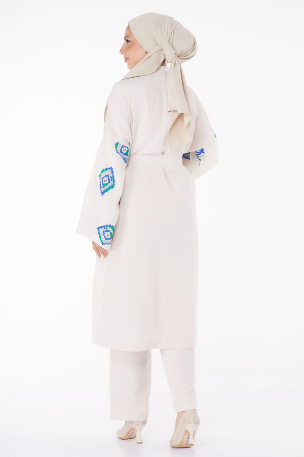 Düz Ceket Yaka Kadın Mavi Kimono Pantolon İkili Takım - 13193 MAVİ