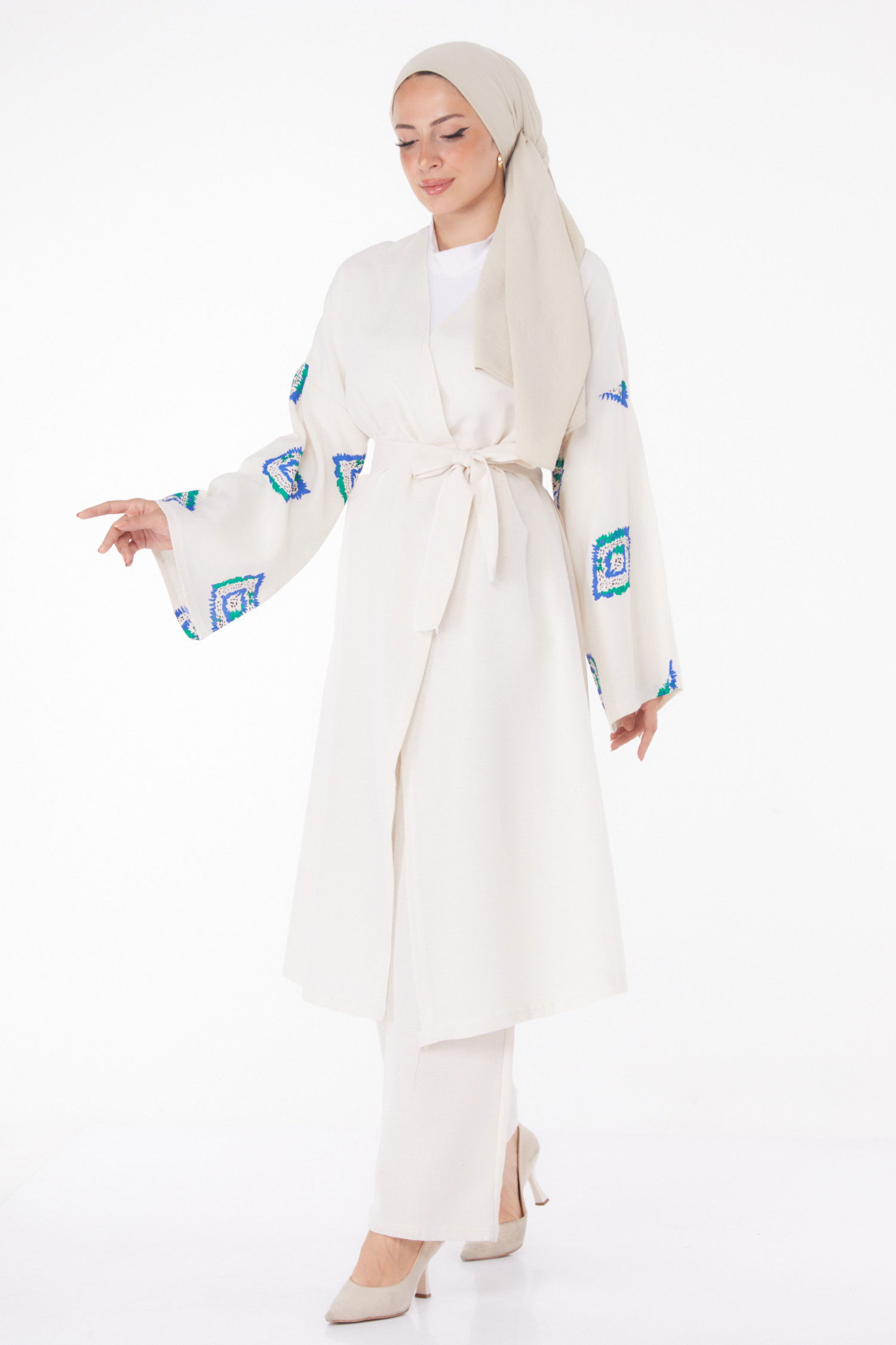 Düz Ceket Yaka Kadın Mavi Kimono Pantolon İkili Takım - 13193 MAVİ