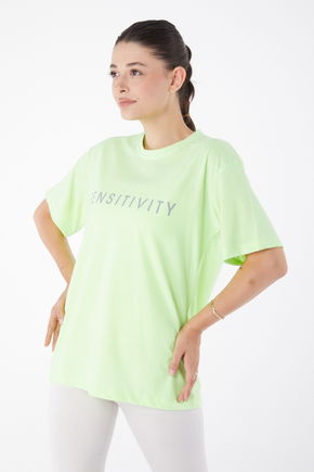 Düz Bisiklet Yaka Kadın Yeşil Kısa Kollu Baskılı T-shirt - 25984