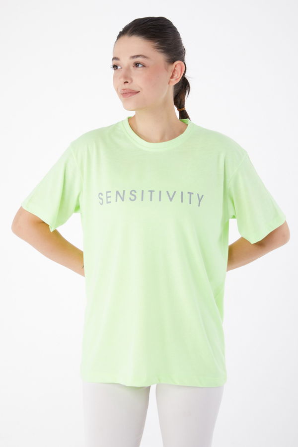 Düz Bisiklet Yaka Kadın Yeşil Kısa Kollu Baskılı T-shirt - 25984