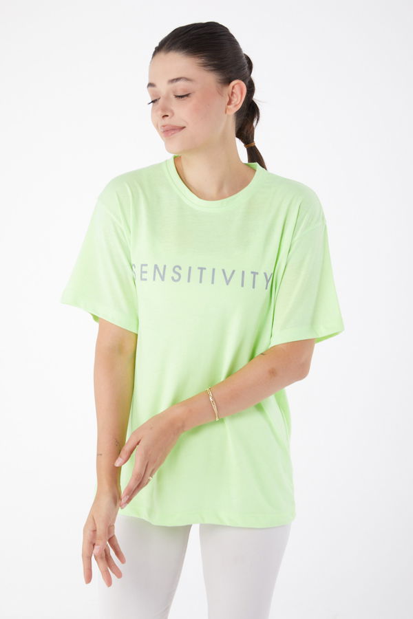 Düz Bisiklet Yaka Kadın Yeşil Kısa Kollu Baskılı T-shirt - 25984