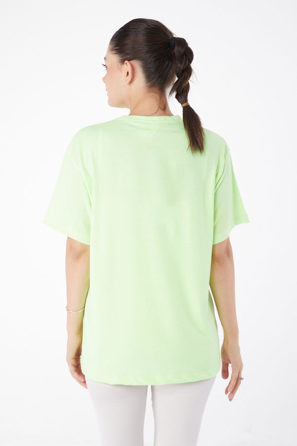 Düz Bisiklet Yaka Kadın Yeşil Kısa Kollu Baskılı T-shirt - 25984