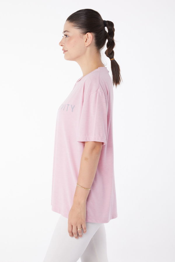 Düz Bisiklet Yaka Kadın Pembe Kısa Kollu Baskılı T-shirt - 25984
