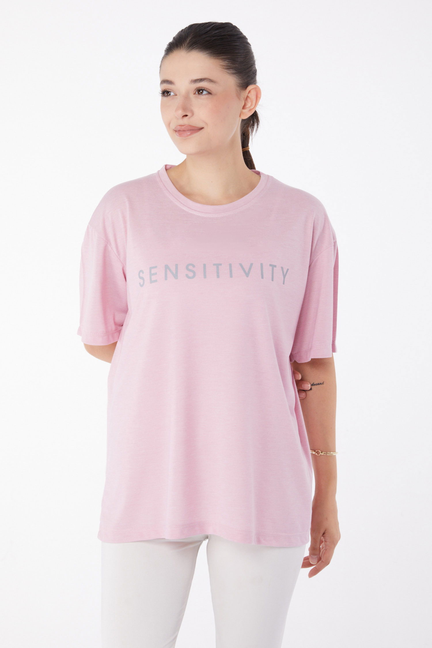 Düz Bisiklet Yaka Kadın Pembe Kısa Kollu Baskılı T-shirt - 25984