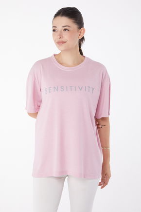 Düz Bisiklet Yaka Kadın Pembe Kısa Kollu Baskılı T-shirt - 25984