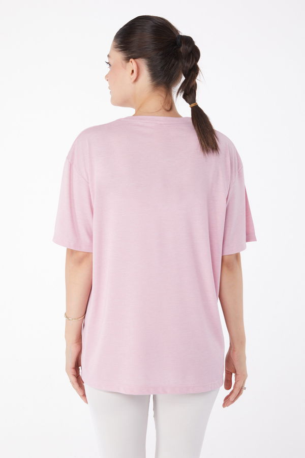 Düz Bisiklet Yaka Kadın Pembe Kısa Kollu Baskılı T-shirt - 25984