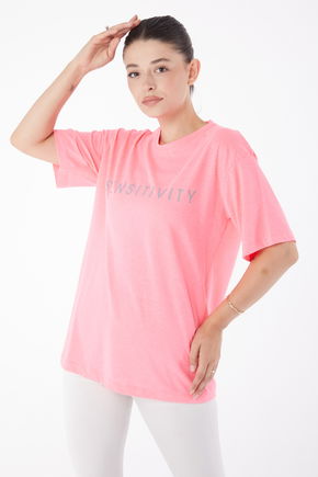 Düz Bisiklet Yaka Kadın Pembe Kısa Kollu Baskılı T-shirt - 25984
