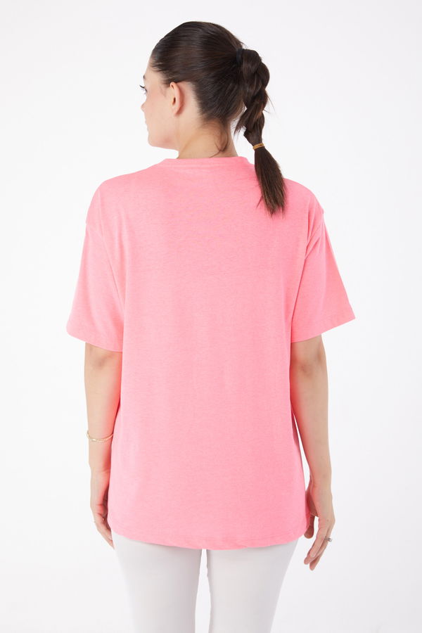 Düz Bisiklet Yaka Kadın Pembe Kısa Kollu Baskılı T-shirt - 25984