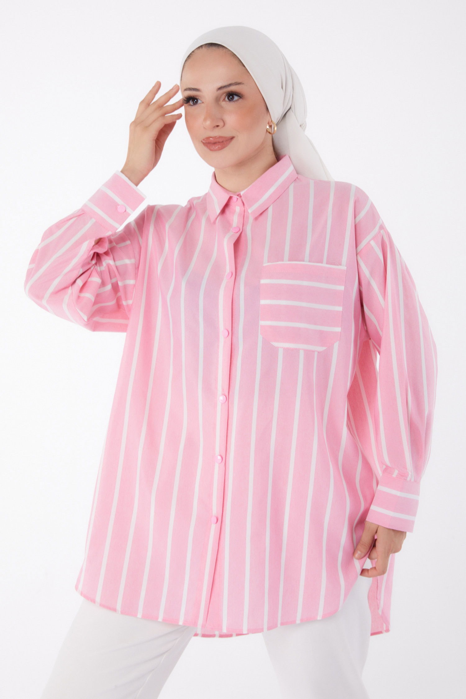 Düz Gömlek Yaka Kadın Pembe Tek Cepli Çizgili Tunik - 25996 PEMBE